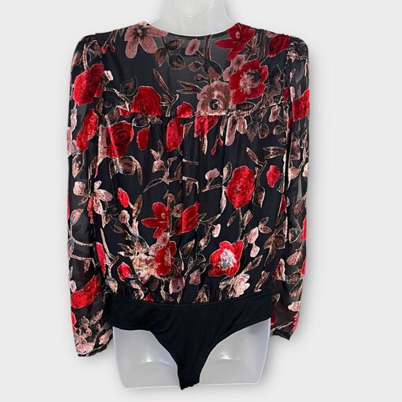 FATE Velvet Burnout Black, Red & Mauve wrap floral bodysuit size large Semisheer - Picture 3 of 7